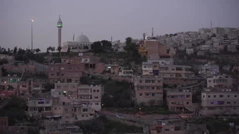Twilight view of mosque and ramadan decoration. 2024-03-30, As-Salt, Jordan Stock Footage 321302469