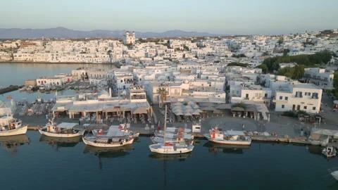 Twilight View of Naousa Harborfront, Paros: Boats and Cafes Along the Shore Stock Footage 289683425