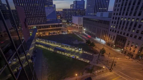 Twilight Wide Angle Shot over Downtown St. Paul Lightrail Stop Timelapse Stock Footage 81143684