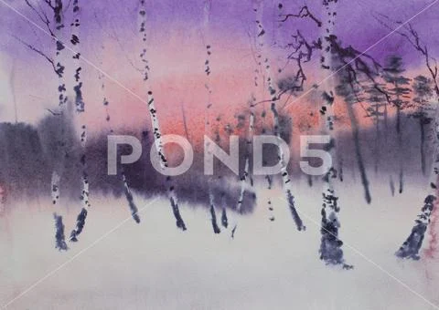 Twilight in the winter forest Stock Illustration