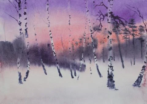 Twilight in the winter forest Stock Illustration
