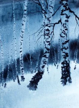 Twilight in the winter forest Stock Illustration