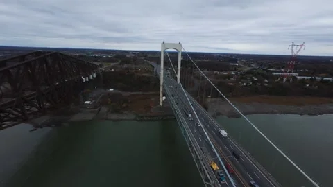 Twin bridges crossing river — panoramic view Stock Footage 320588363