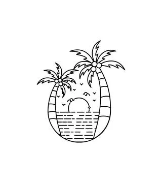 Twin coconut coconut trees in the beach mono line art-(sunset) Stock Illustration