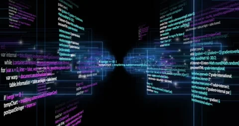 Twin code clusters emerging from void drifting inward while rotating to form Stock Footage 316623626