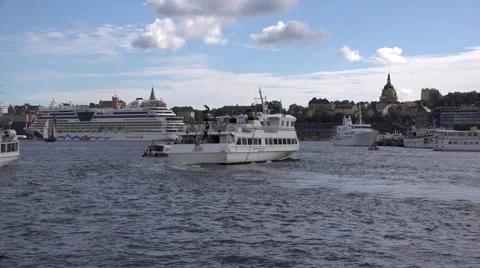 Twin-deck m/s Waxo turns in Saltsjo waters to depart for a pleasure trip Stock Footage 67384809