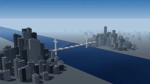Twin downtown cores facing each other across a bay linked by a cable stayed 스톡 동영상 341073346