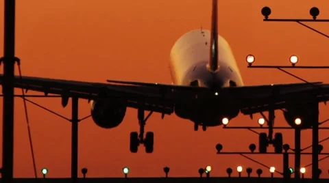 Twin Engine (Boeing 767) Sunset Silhouette Landing audio Stock Footage 8841417