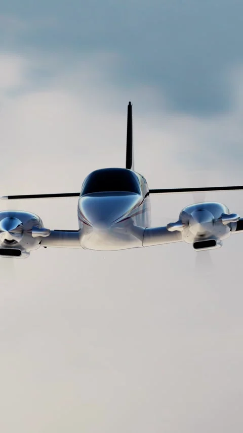 Twin-engine private airplane flying in sky Видео 328552704