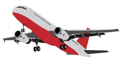 Twin-engine wide-bodied passenger aircraft. Gray plane with a red bottom and a Stock Illustration