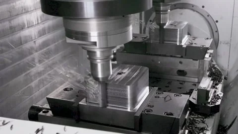 Twin Multi-Axis CNCs Craft Metal into Cube Shapes Stock Footage 251350270