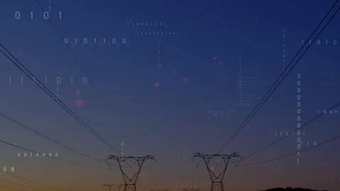 Twin pylons anchoring frame, binary digits appearing, resolving into code Stock Footage 332591769