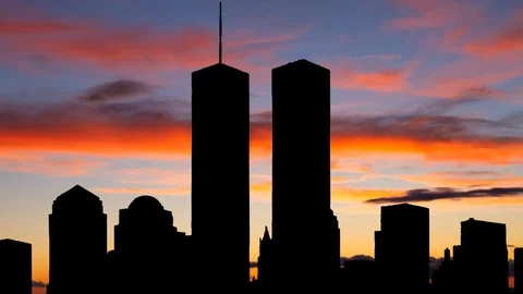 Twin Towers in Silhouette, Time Lapse at Twilight, New York City, USA Stock Footage