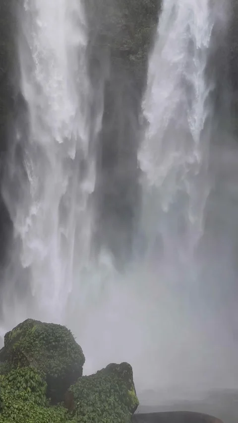 Twin Waterfalls Cascading Down Cliff, Lush Greenery, Vertical Upward Pan Stock Footage 324500426