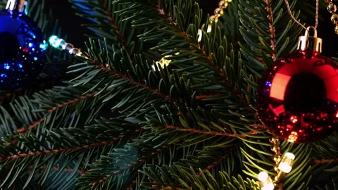 Twinkling Ornaments on Pine Branches Stock Footage 318736587