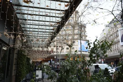 Twinkling string lights and greenery on Parisian cafe terrace in city street Stock-Fotos