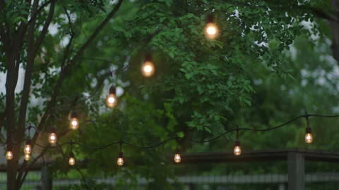 Twinkling string lights come out of focus into a fade from a backyard Stock Footage 251226429