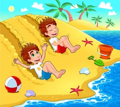 Twins are playing on the beach. Stock-Illustration