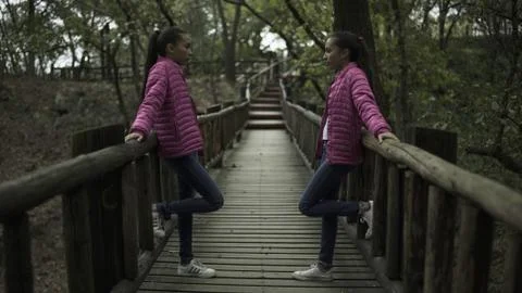 Twins in the Forest Bridge 2. Stock-Fotos