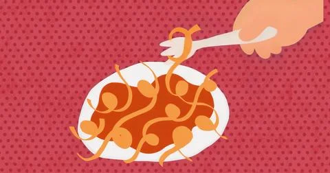 Twirling white fork lifting noodles over plate on table at red polka-dot Stock Illustration