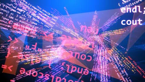 A twisted 3d illustration of a spiral coding program spinning like a distorte Stock Illustration