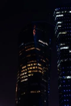 Twisted architecture of Al Bidda Tower illuminated at night, Al Dafna, Doha 스톡 사진