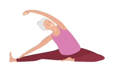 Twisted Head-to-Knee Pose. Senior woman doing yoga. Woman in sportswear doing Stock Illustration