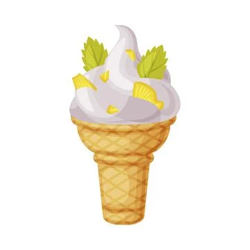 Twisted Ice Cream in Waffle Cup with Pineapple Slabs as Frozen Dessert and Sweet Stock Illustration