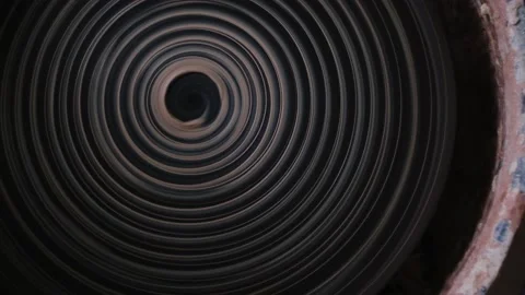 Twisted Pottery Wheel Top View. Round striped black white clay lines. Swirling Stock Footage 139891417