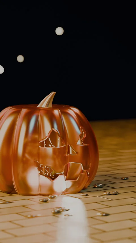 Twisted pumpkin stem and carved face with floating golden orbs, Vertical 9:16 4K Stock Footage 346120449