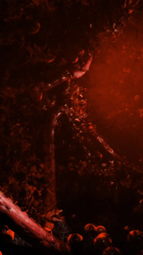 Twisted roots and dark soil in an underground setting with red light Stock Footage 332213396