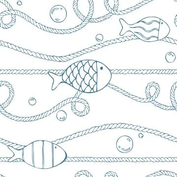Twisted ropes, fish and bubbles on a clean white background - a classic sea Stock Illustration
