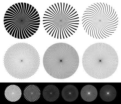 Twisted starburst, converging lines element set. Vector. Stock Illustration