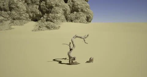 Twisted tree trunk stands alone in barren sandy landscape under clear sky Stock Illustration