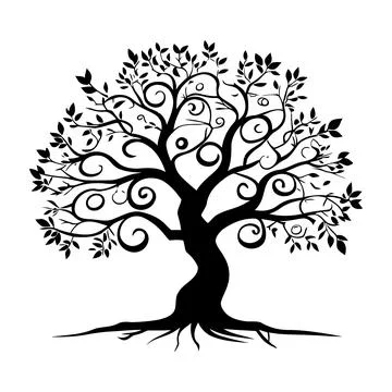 Twisted Trunk Tree Silhouette – Black Vector Design Stock Illustration