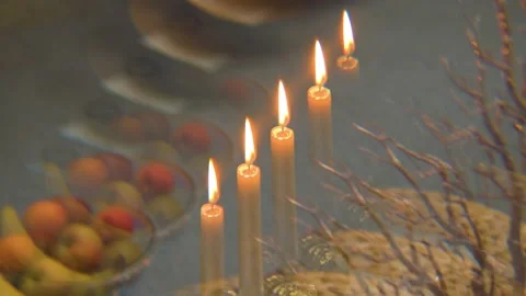 Twisted vision hallucination trippy candles and fruits in the backround in Stock Footage 194424218