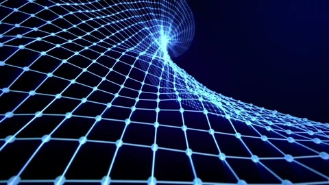 Twisted wavy grid made of glowing blue spheres and hi-tech lines Stock Footage 261805075