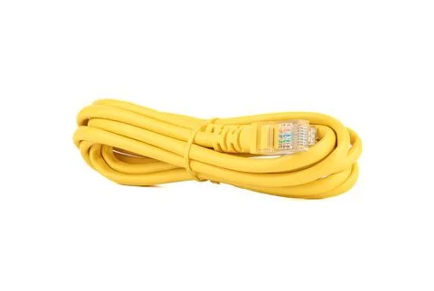 Twisted yellow cable with LAN or Ethernet connectors on a white background. Stock Photos