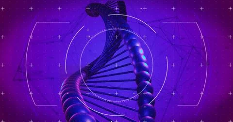 Twisting and spiraling DNA double helix in virtual 3D interface with glowing Stock Photos
