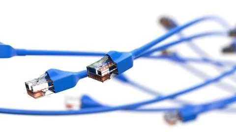 Twisting blue internet cables. conceptual 3d illustration of ethernet cable and Stock Illustration