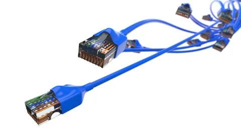 Twisting blue internet cables. conceptual 3d illustration of ethernet cable and Stock Illustration