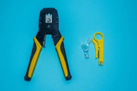 Twisting Cable Tool Twisted Pair Ethernet UTP Cat 5, Crimping RJ45 LAN cable, Stock Photos