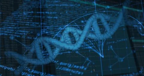 Twisting central 3D DNA double helix glowing across virtual laboratory display, Stock Illustration