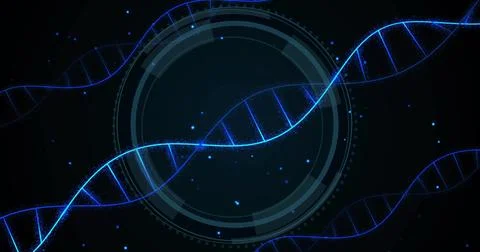 Twisting central glowing DNA double helix across circular HUD interface, with Illustrazione stock