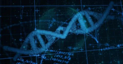Twisting cyan-blue DNA double helix flowing across virtual UI, displaying grid, Stock Illustration