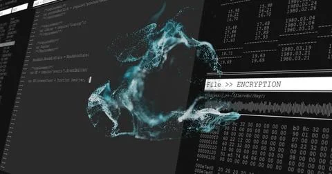 Twisting cyan data cloud flowing on monitor at security workstation, showing Stock-Fotos