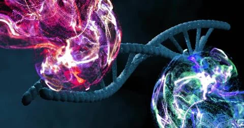 Twisting DNA-like double helix stretching in molecular void, with magenta and Stock Illustration