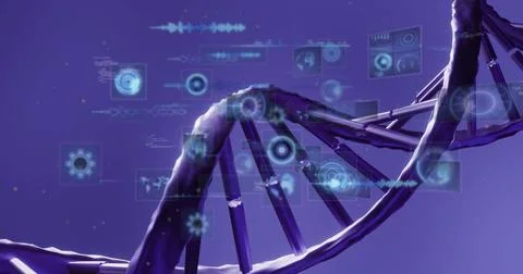 Twisting DNA helix in lab, with floating panels showing graphs, waveforms, 스톡 사진
