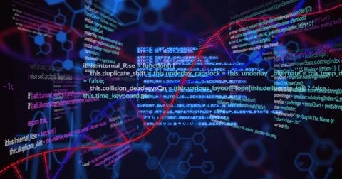 Twisting DNA-like helix weaving through programming code in cyberspace, 스톡 사진
