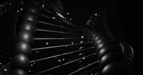Twisting double-helix with glossy nodes and thin rods arcing across dark void, Stock Illustration